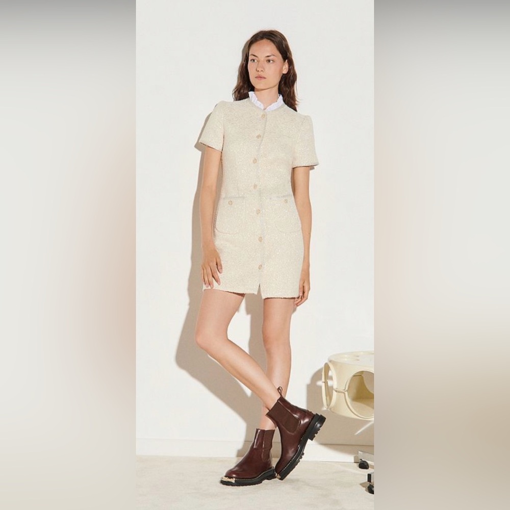Authentic Sandro ECRU Taly Tweed Ruffled Collar Dress, Size  FR40 /Large